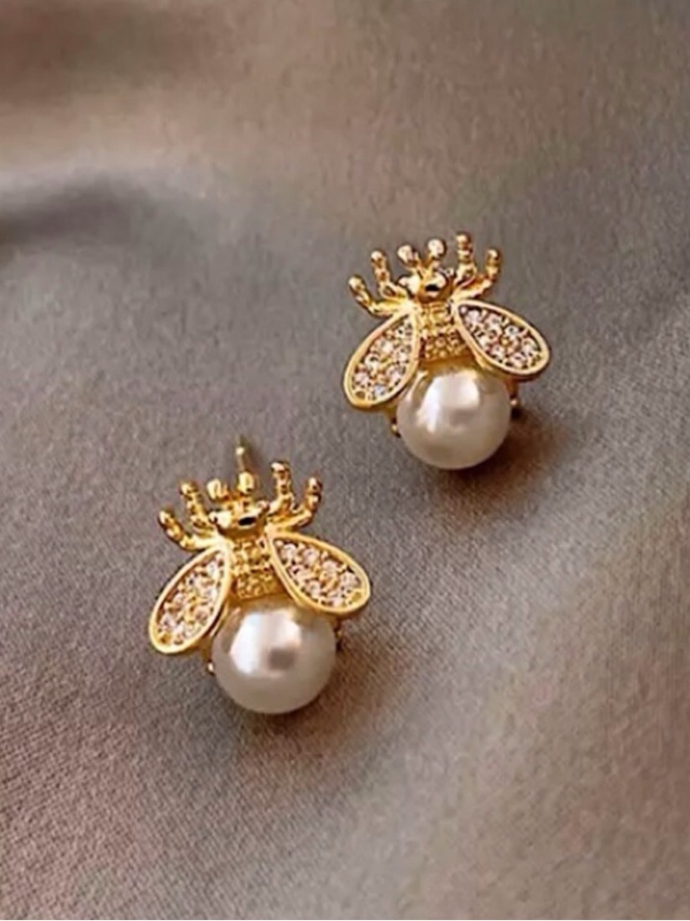 Gold Tone Bee Pearl Earrings - Picture 7 of 8
